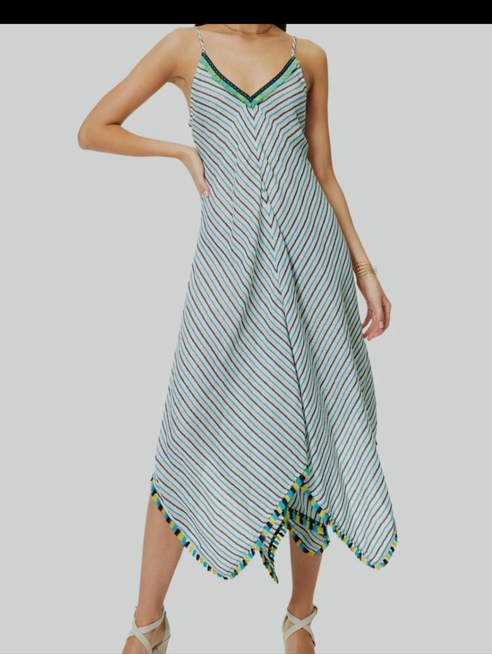 Ramy Brook Striped Maxi Dress with Handkerchief Hem And Fringe